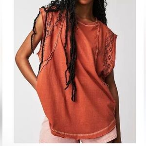 NWOT Free People Table For Two Tee Burnt Orange Oversized Lace Slouchy Small